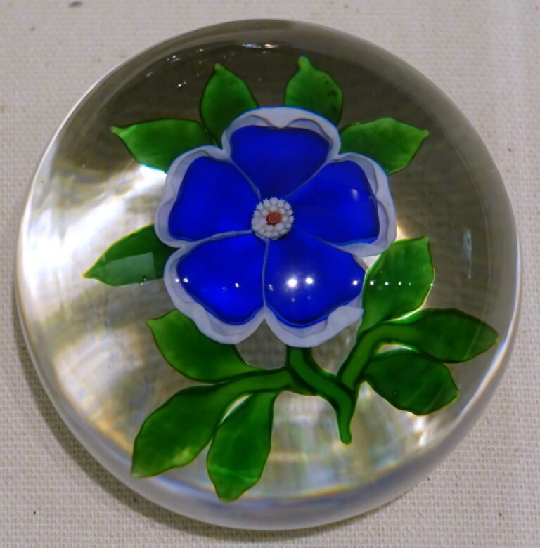A Baccarat paperweight of about 1850, a deep blue lampwork flower with green leaves seen through the clear glass dome.